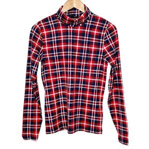 J Crew Plaid Turtleneck Knit Top Red Blue Womens M